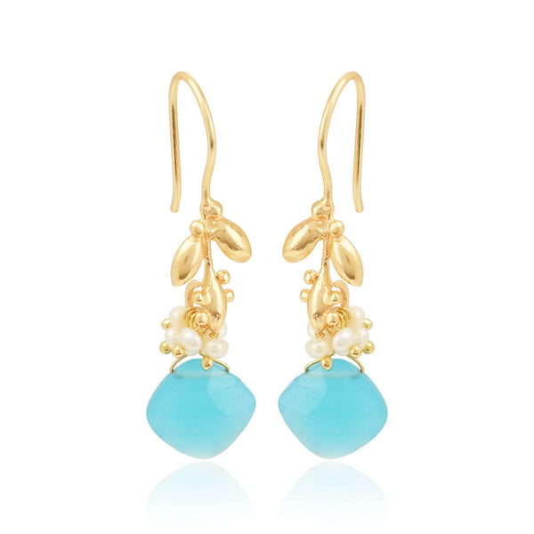Aqua Chalcedony with Pearl Dangle Earrings - La Vitá Jewels