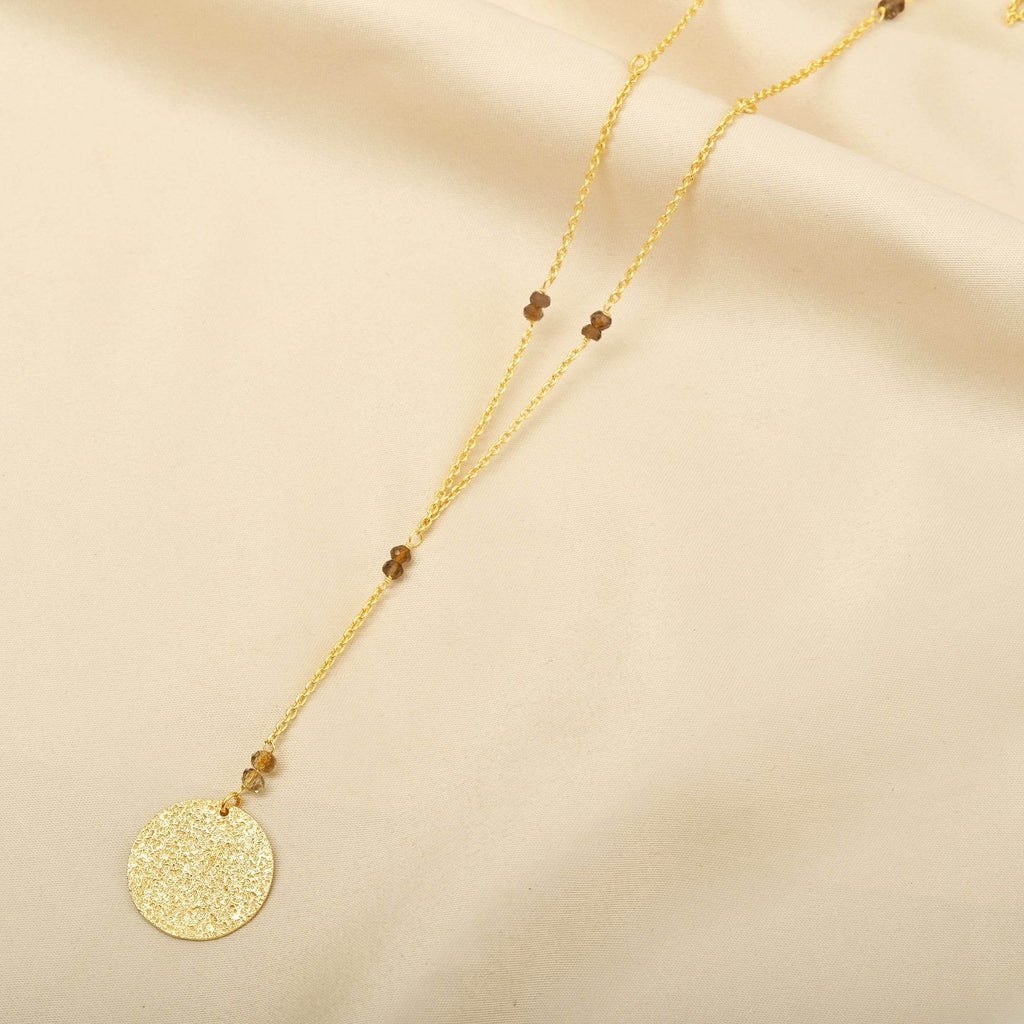 Polly Smoky Topaz gemstone with Round Disc Texture Lariat Necklace - La Vitá Jewels