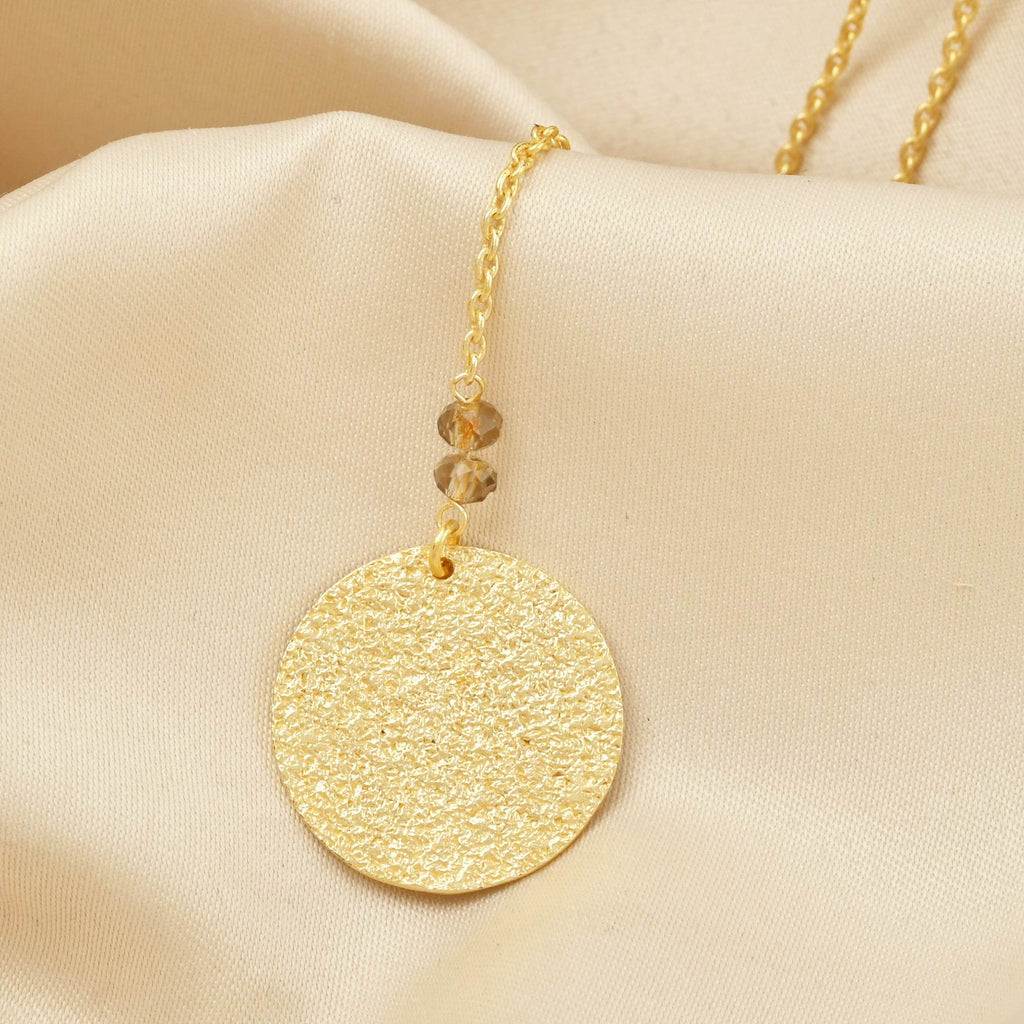 Polly Smoky Topaz gemstone with Round Disc Texture Lariat Necklace - La Vitá Jewels