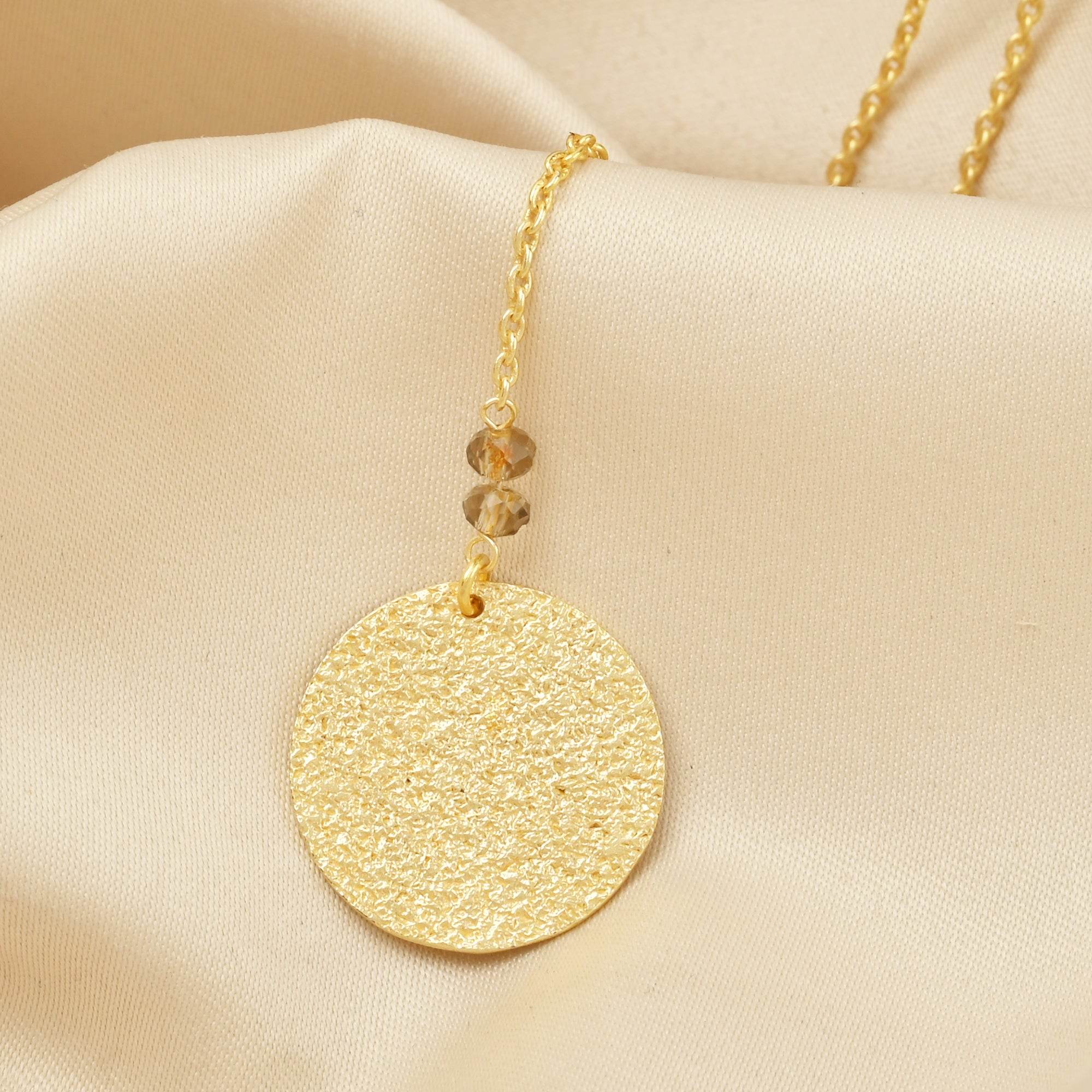 Polly Smoky Topaz gemstone with Round Disc Texture Lariat Necklace - La Vitá Jewels