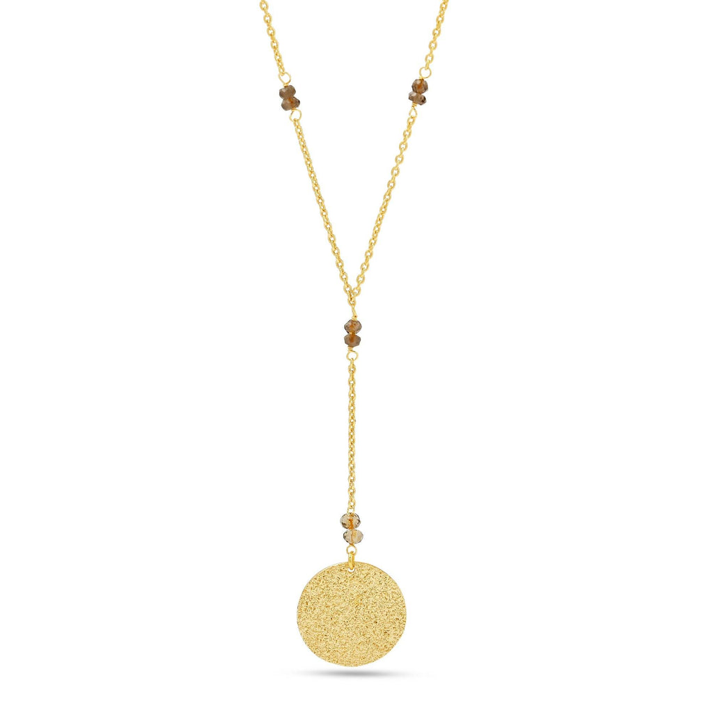 Polly Smoky Topaz gemstone with Round Disc Texture Lariat Necklace - La Vitá Jewels