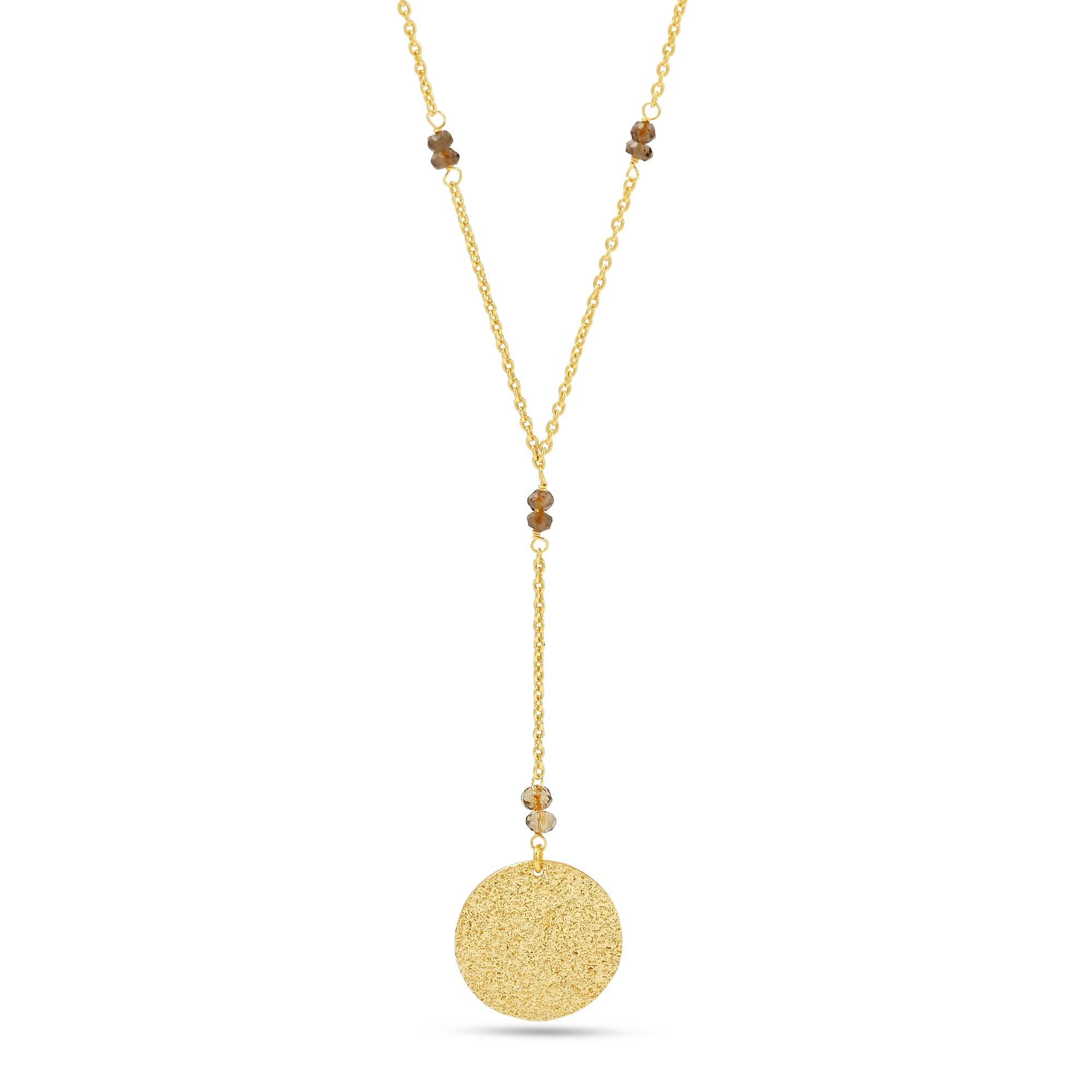 Polly Smoky Topaz gemstone with Round Disc Texture Lariat Necklace - La Vitá Jewels