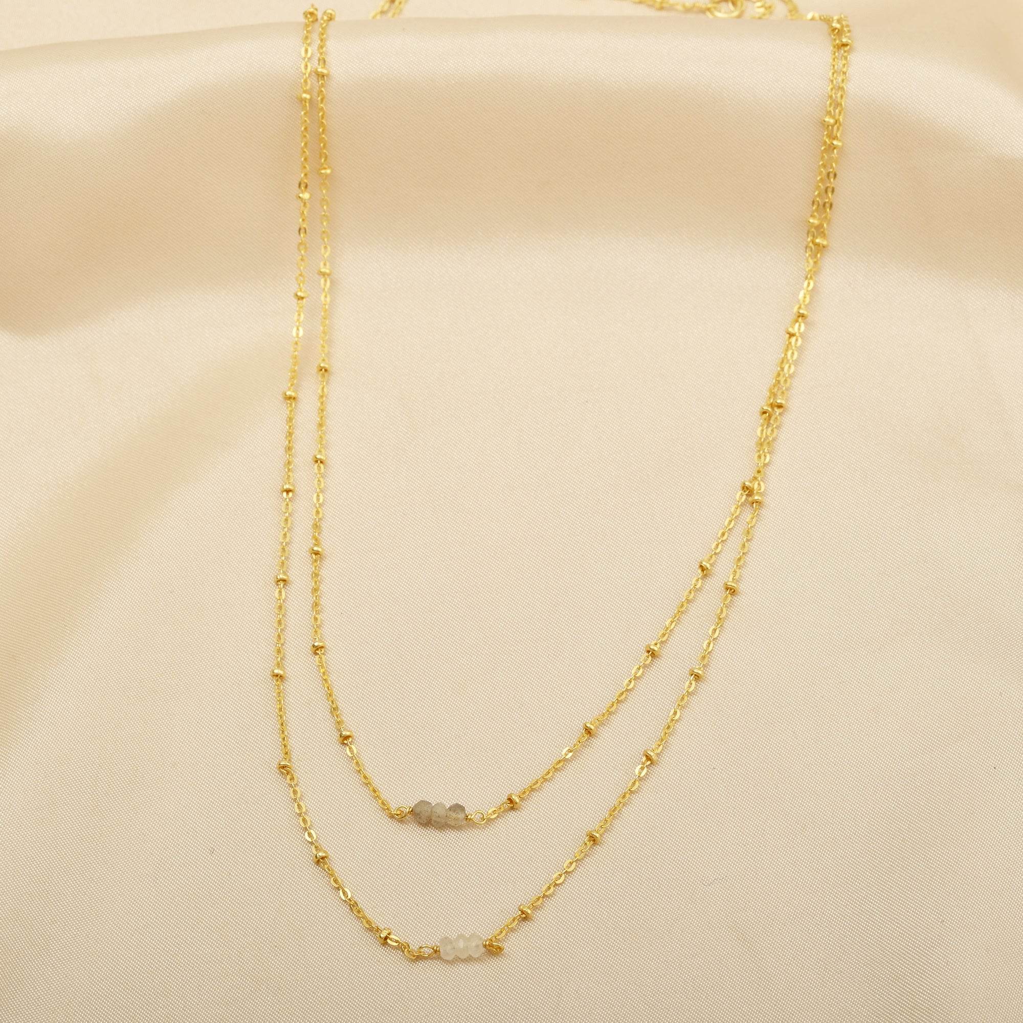 Allison Double Layer Labradorite, Rainbow Beads Necklace in Sterling Silver - La Vitá Jewels