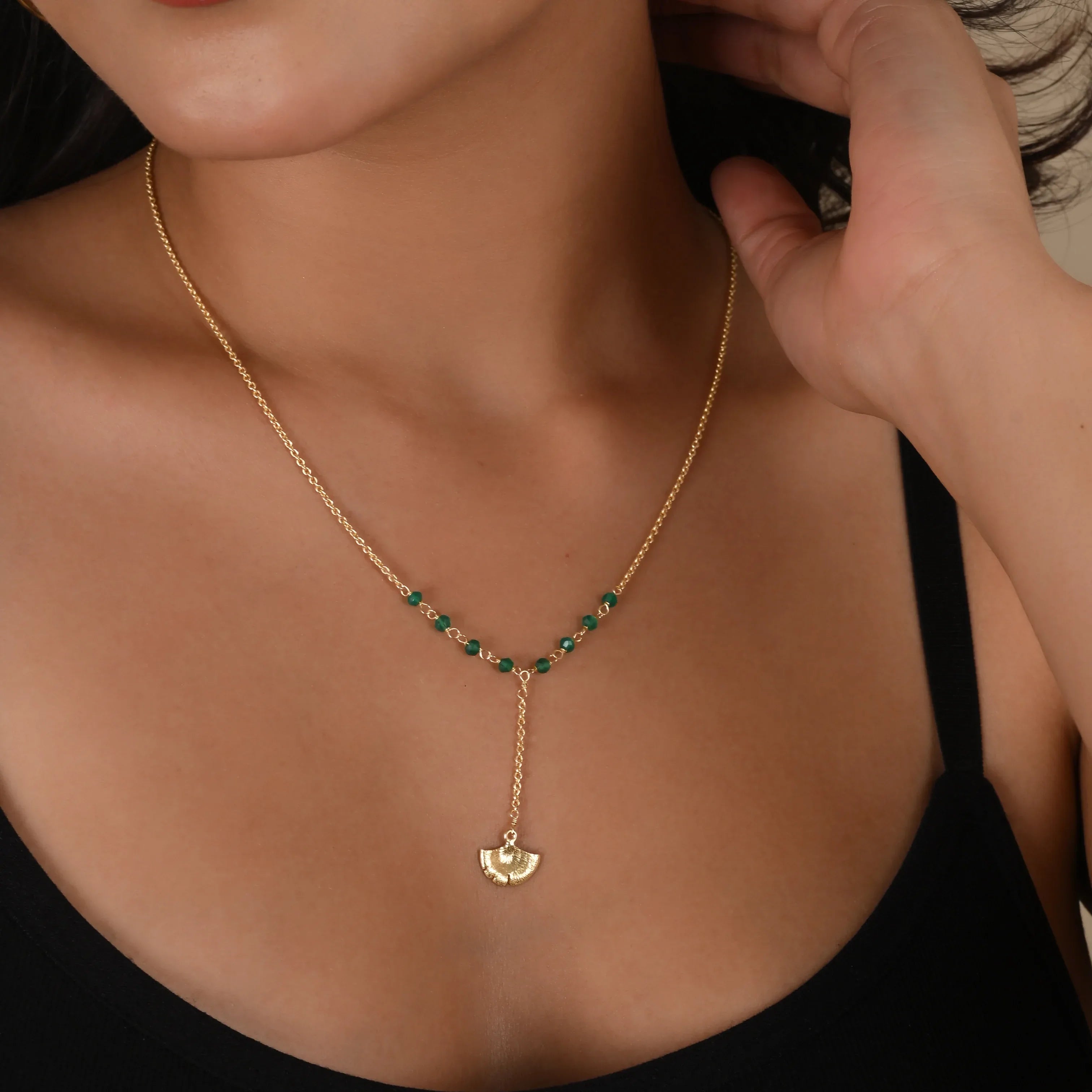 Biloba-Ginkgo Leaf with Green Onyx Beads Necklaces - La Vitá Jewels