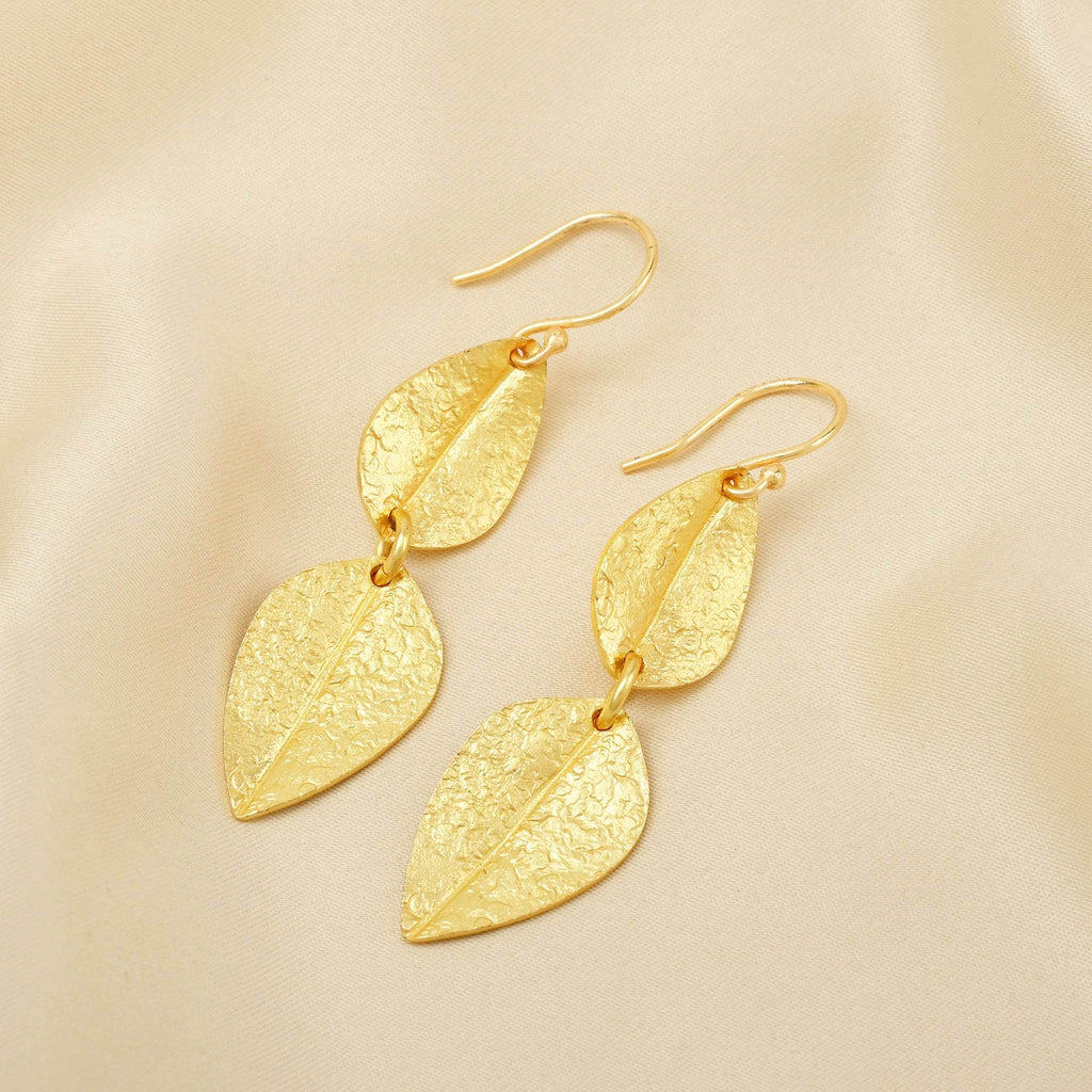 Double Leaf Texture Dangle Earrings - La Vitá Jewels