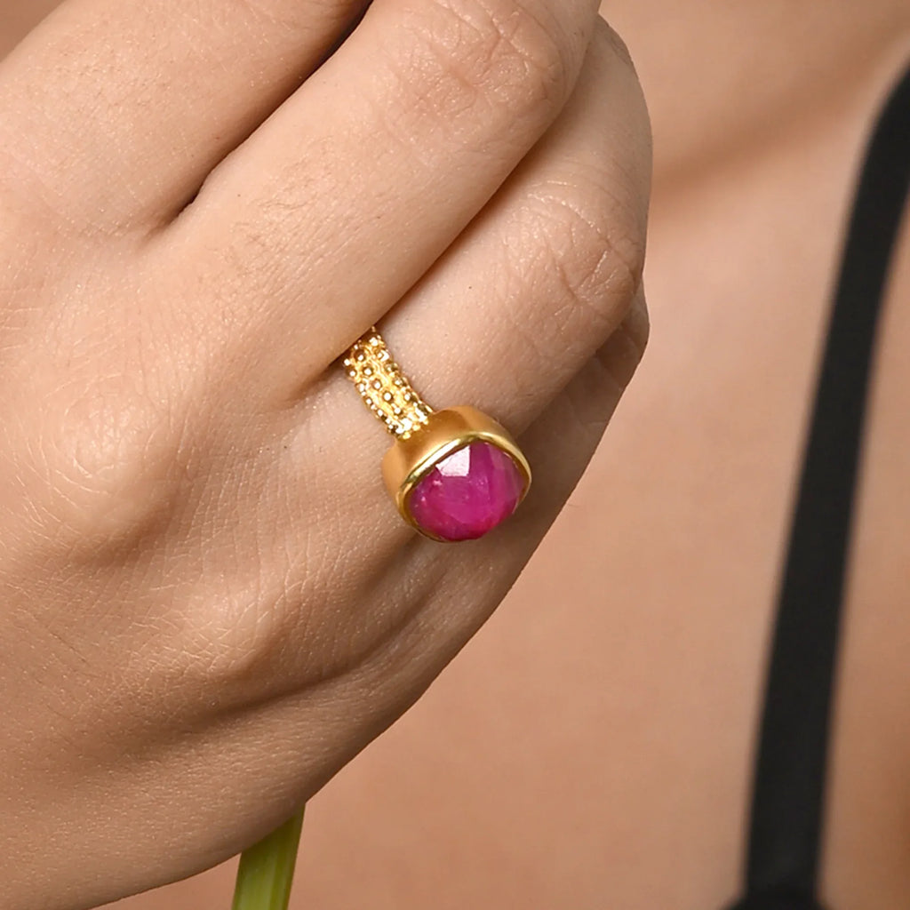 Sterling Silver Handcrafted Ruby Beaded Band Ring - La Vitá Jewels