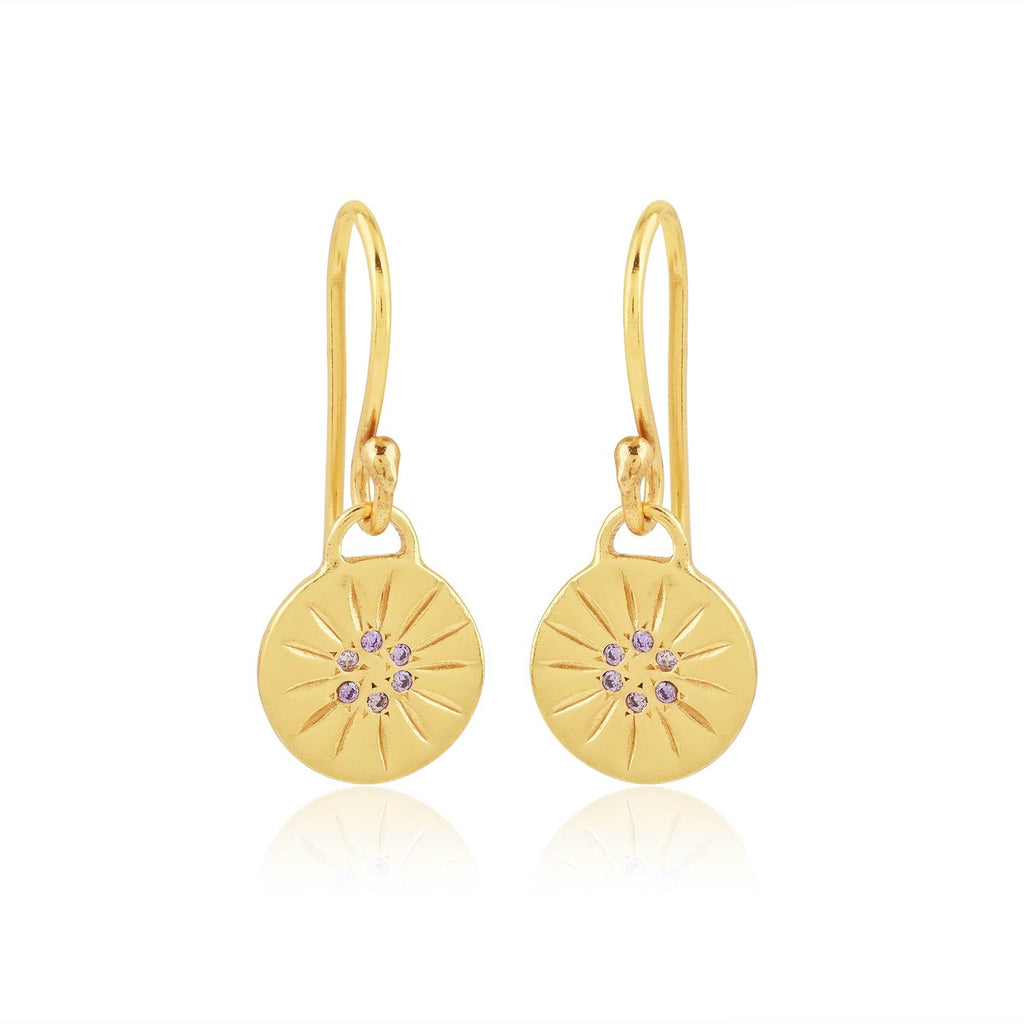 Round Disc Flower Texture Blue CZ Dangle Earrings - La Vitá Jewels