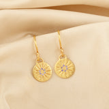 Round Disc Flower Texture Blue CZ Dangle Earrings