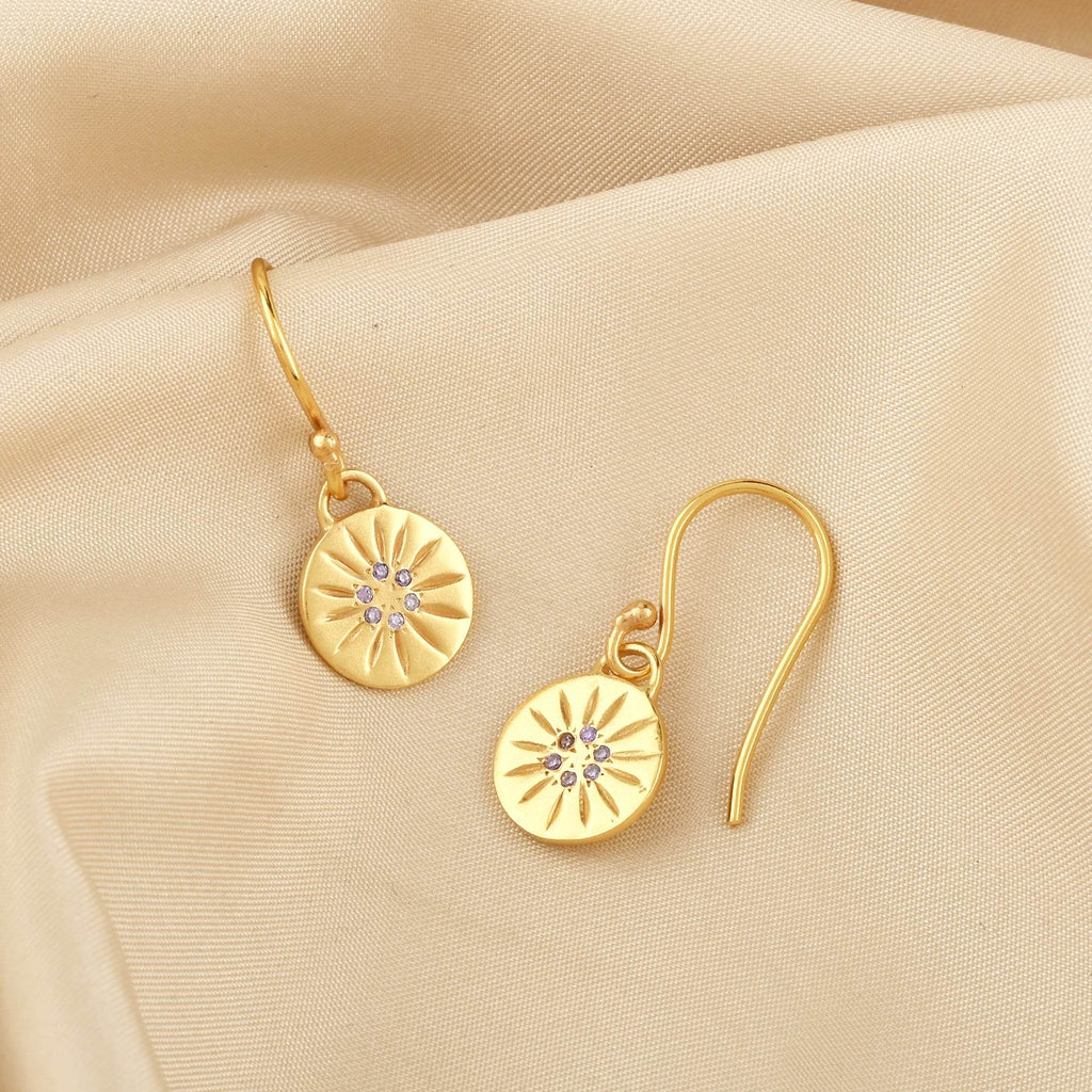 Round Disc Flower Texture Blue CZ Dangle Earrings - La Vitá Jewels
