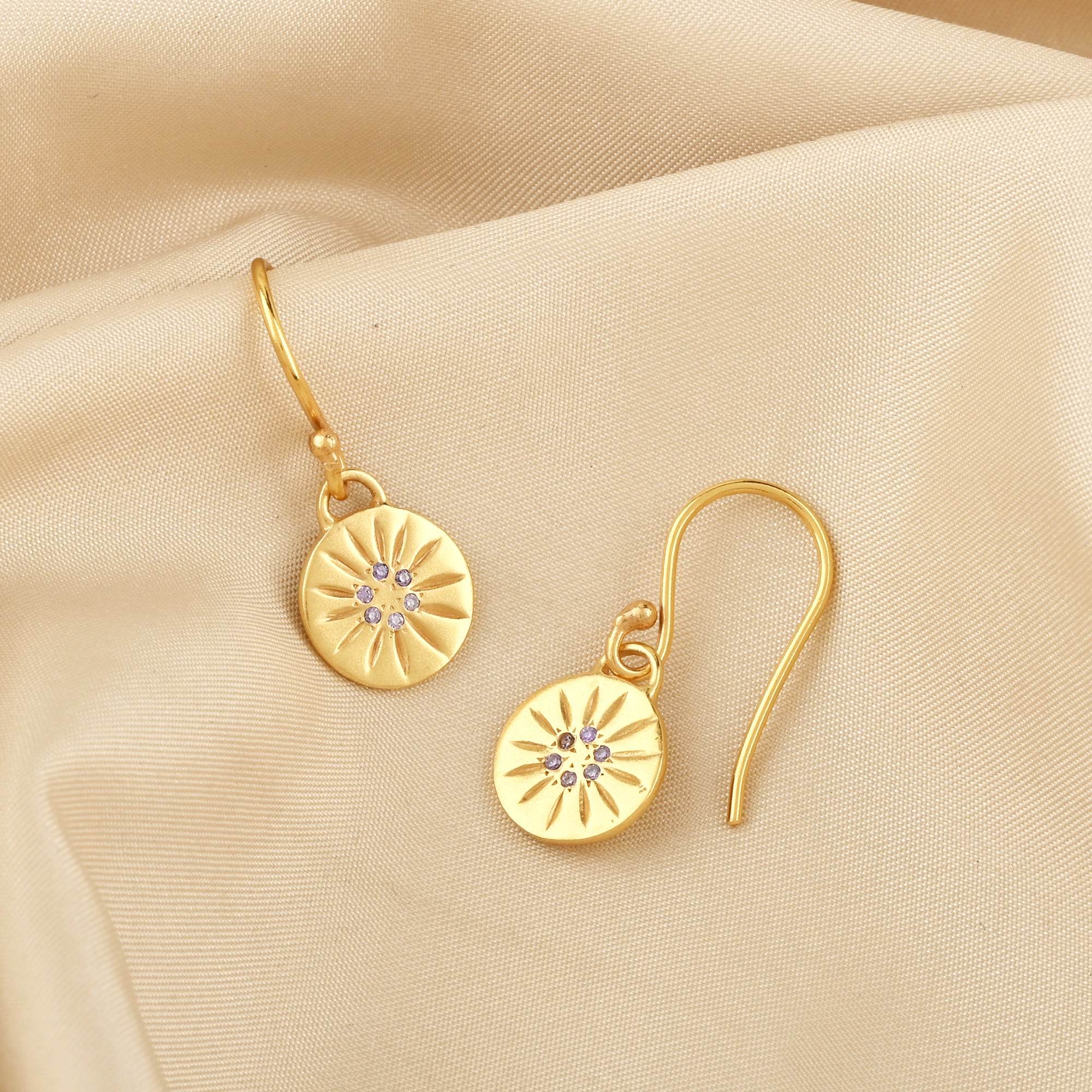 Round Disc Flower Texture Blue CZ Dangle Earrings - La Vitá Jewels