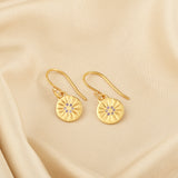 Round Disc Flower Texture Blue CZ Dangle Earrings