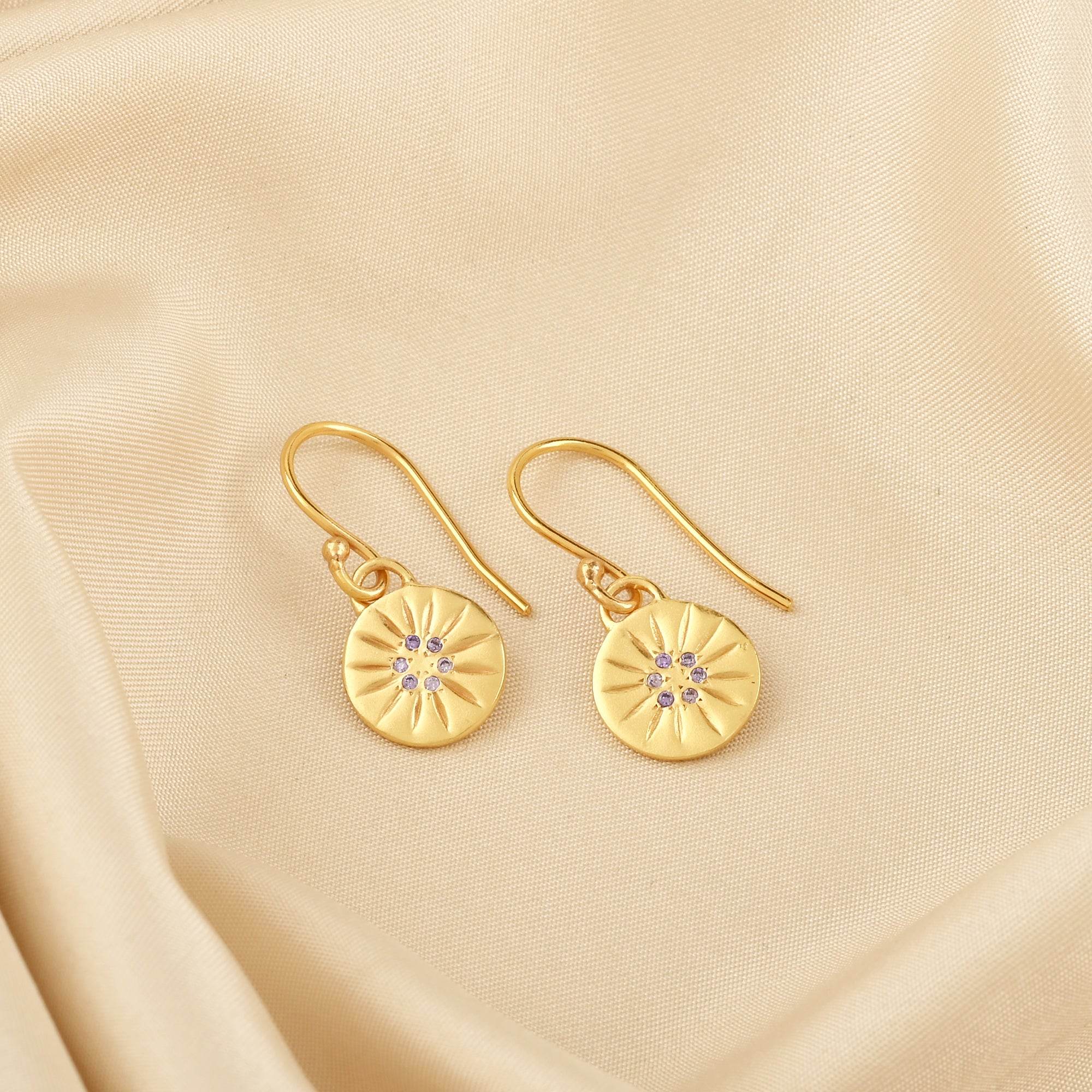 Round Disc Flower Texture Blue CZ Dangle Earrings - La Vitá Jewels