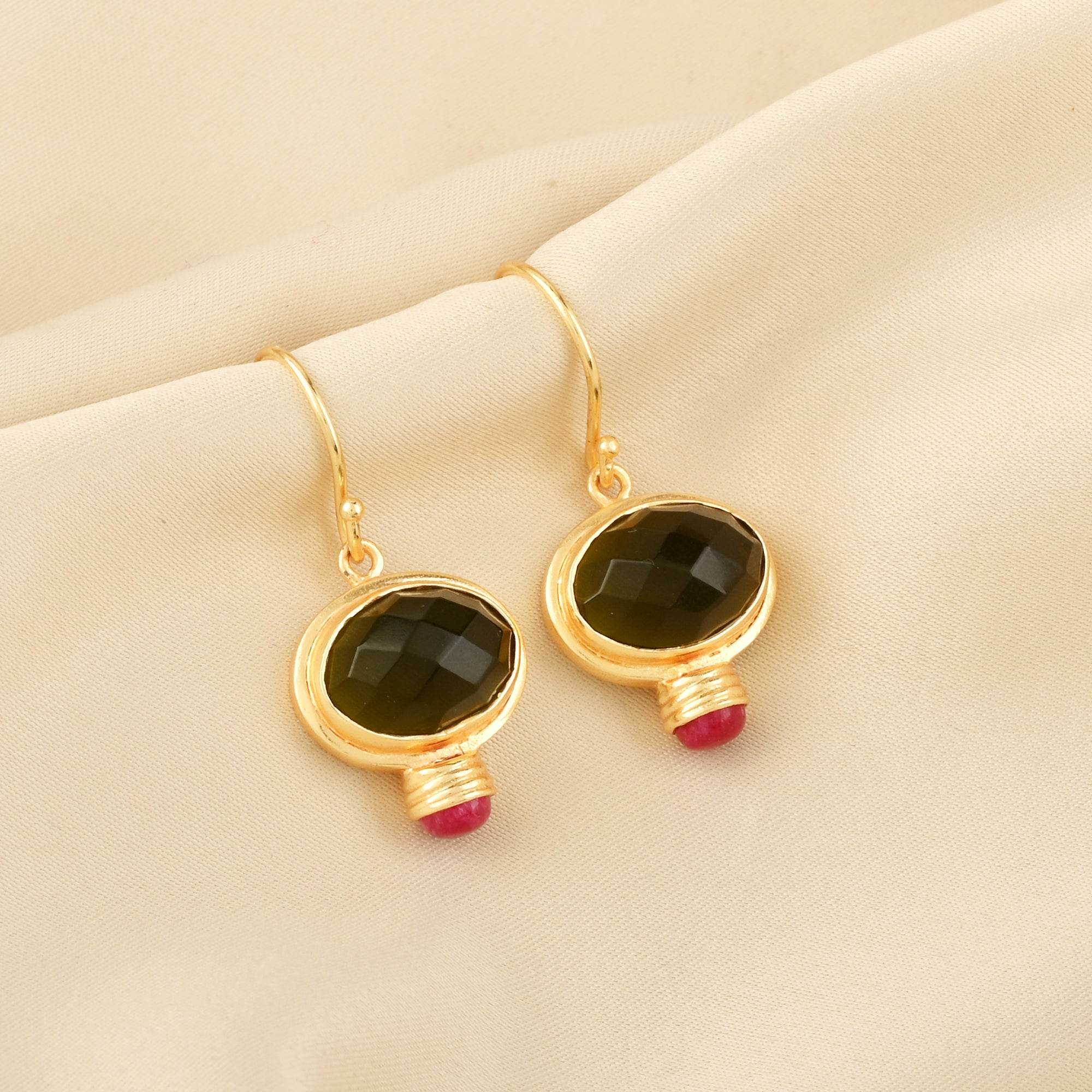 Green Tourmaline and Ruby Dangle Earrings - La Vitá Jewels