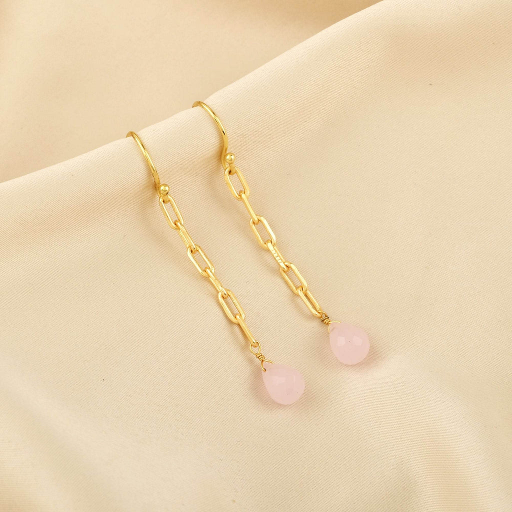 Aqua Chalcedony and Rose Quartz Chain Earrings - La Vitá Jewels