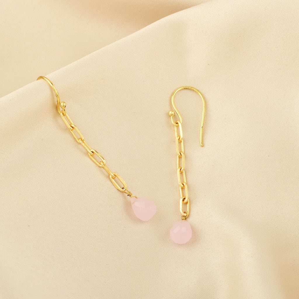 Aqua Chalcedony and Rose Quartz Chain Earrings - La Vitá Jewels