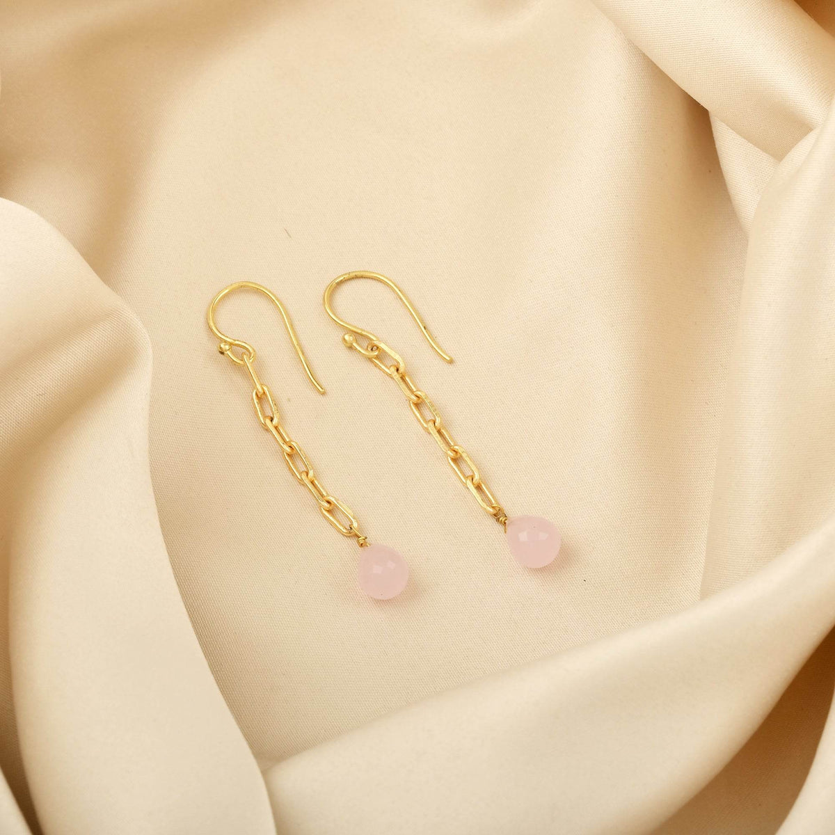 Aqua Chalcedony and Rose Quartz Chain Earrings - La Vitá Jewels