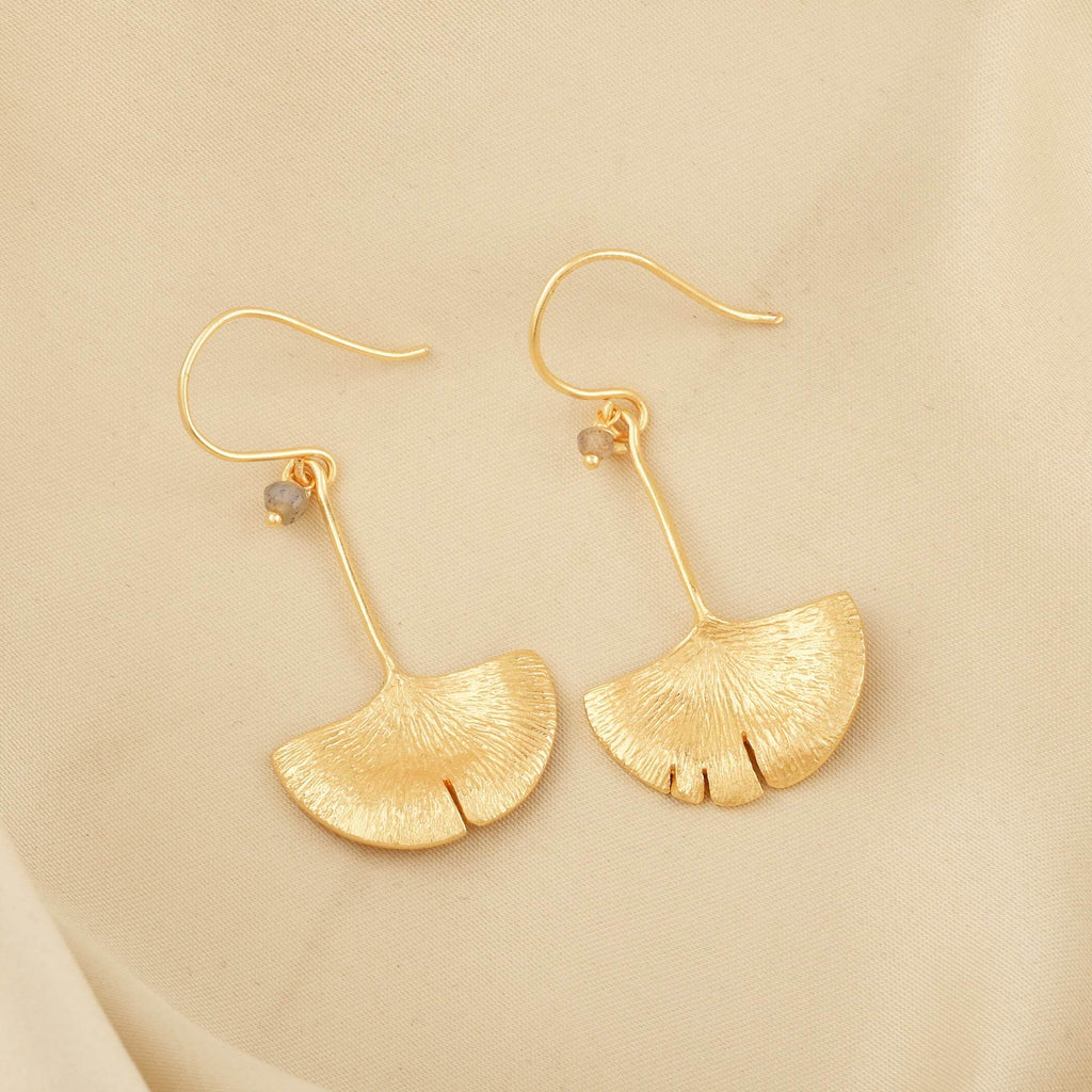 Biloba-Gingko Leaf with Labradorite Dangle Earrings - La Vitá Jewels