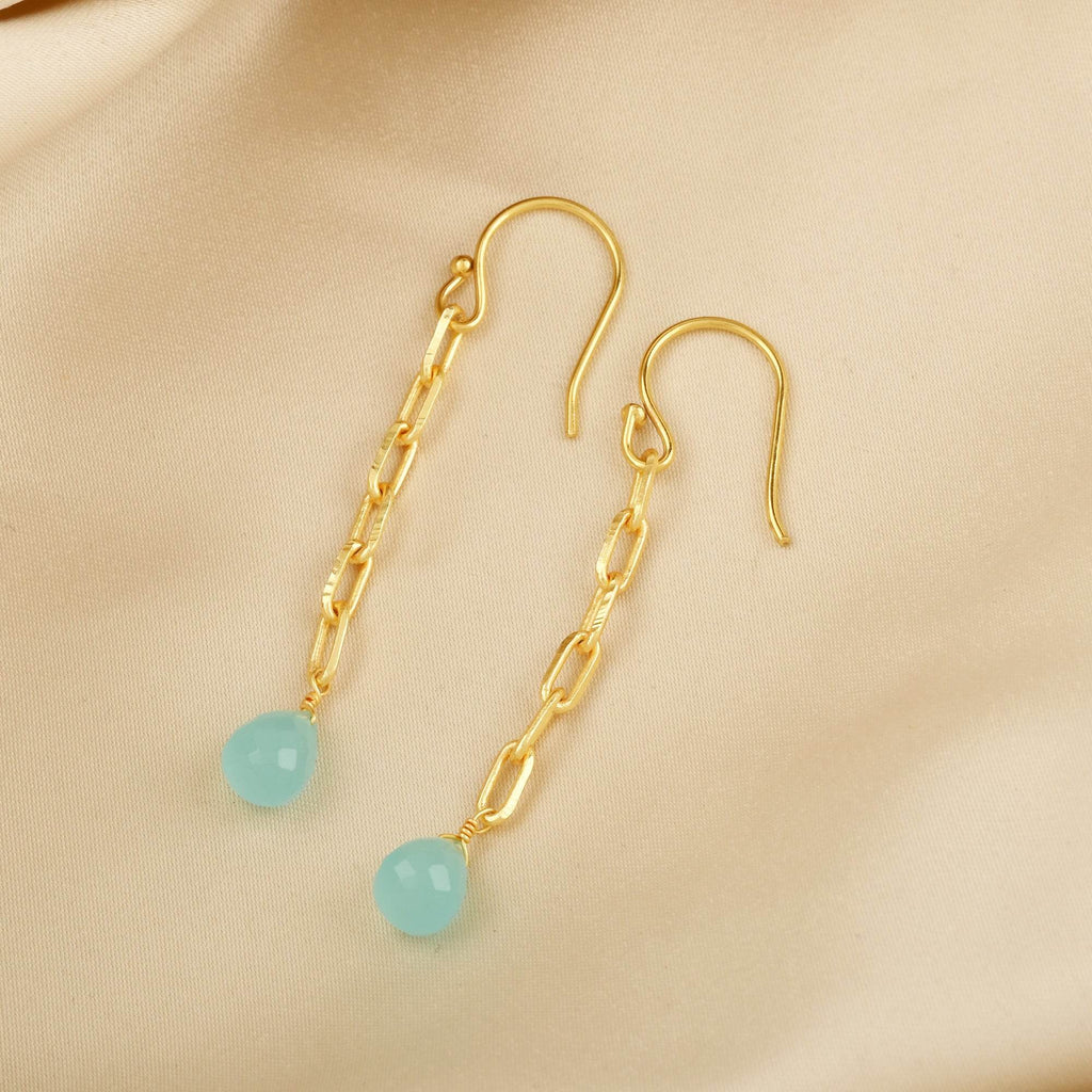 Aqua Chalcedony and Rose Quartz Chain Earrings - La Vitá Jewels