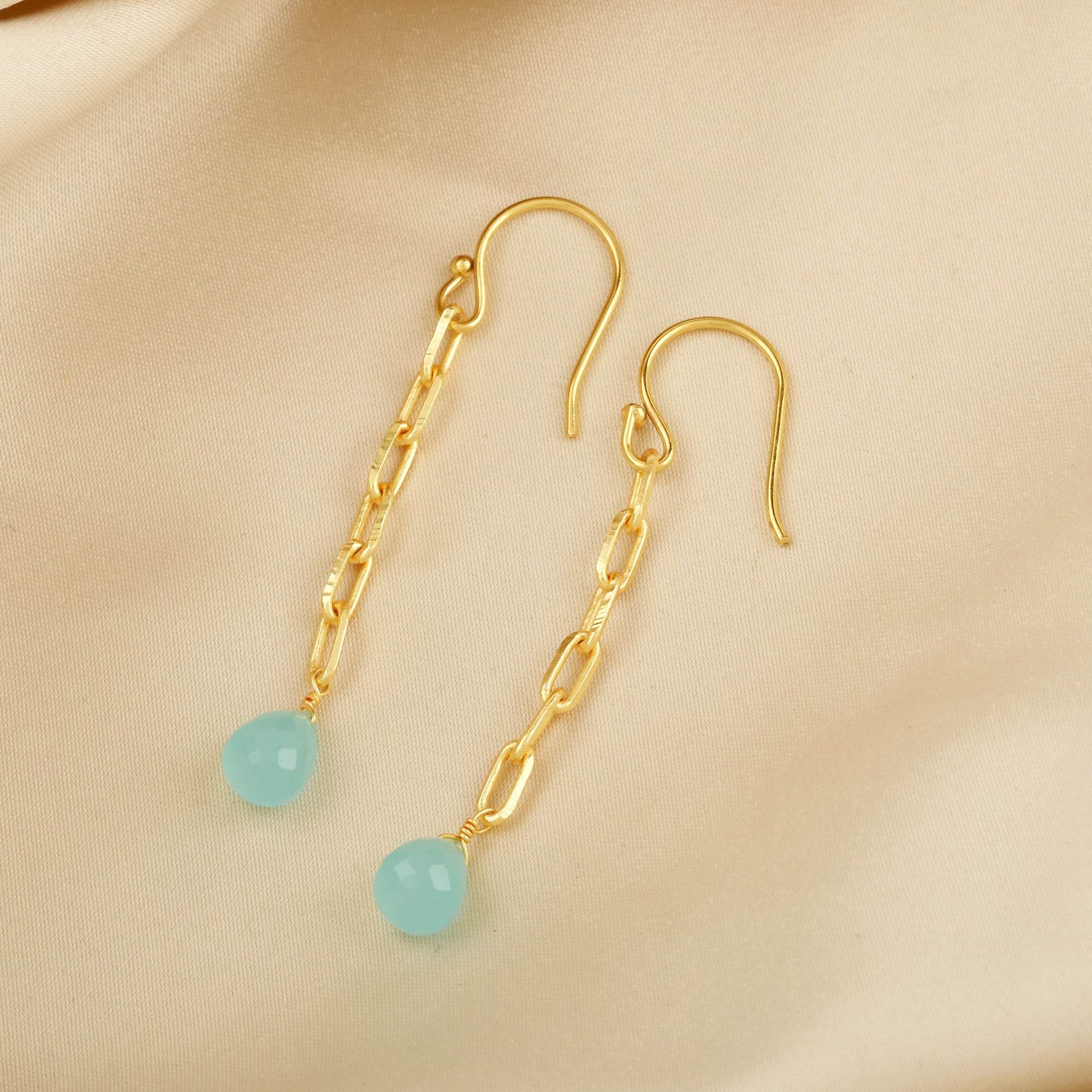 Aqua Chalcedony and Rose Quartz Chain Earrings - La Vitá Jewels