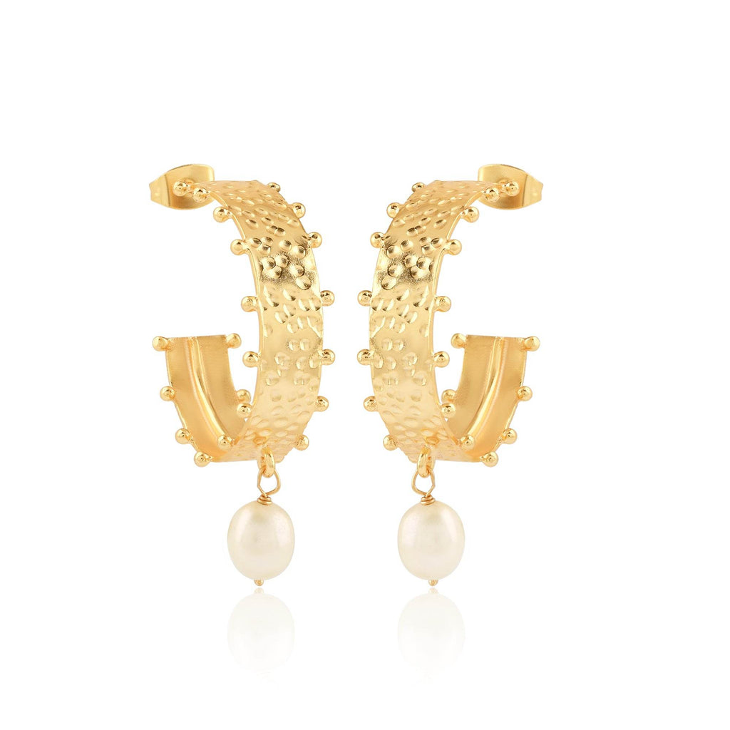 Hand Textured with Pearl Hoop Earrings - La Vitá Jewels