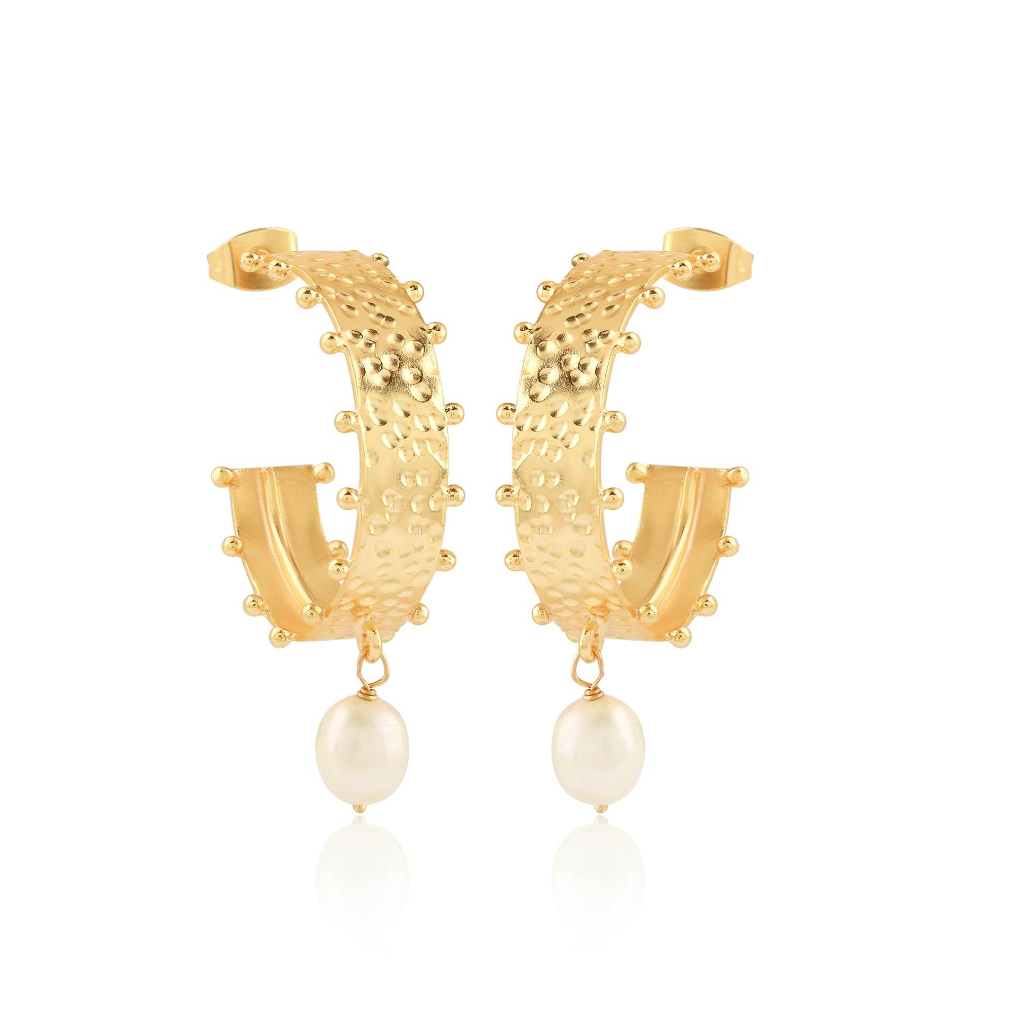 Hand Textured with Pearl Hoop Earrings - La Vitá Jewels