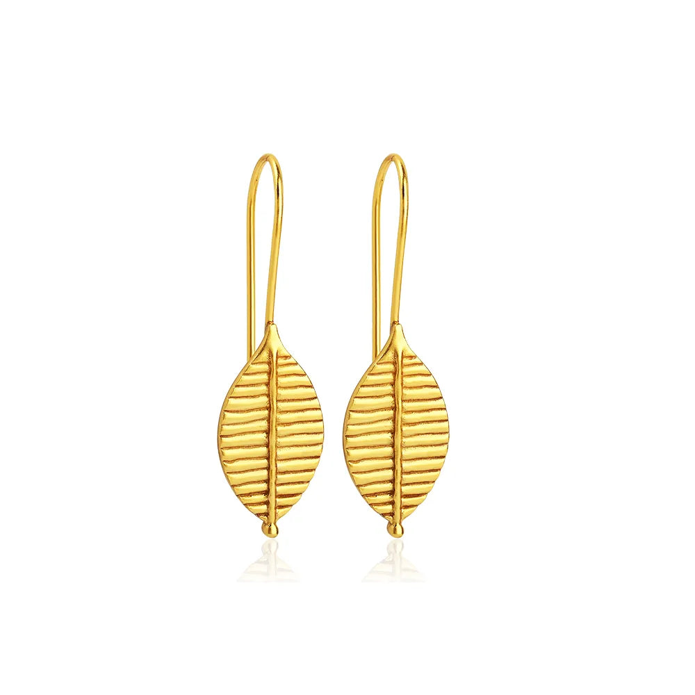 Gold-Plated Ribbed Leaf Drop Hook Earrings