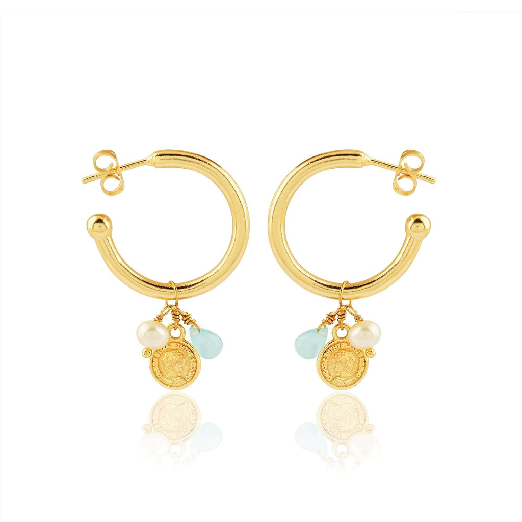 Aqua Chalcy, Pearl with Round Disc Hoop Earrings - La Vitá Jewels