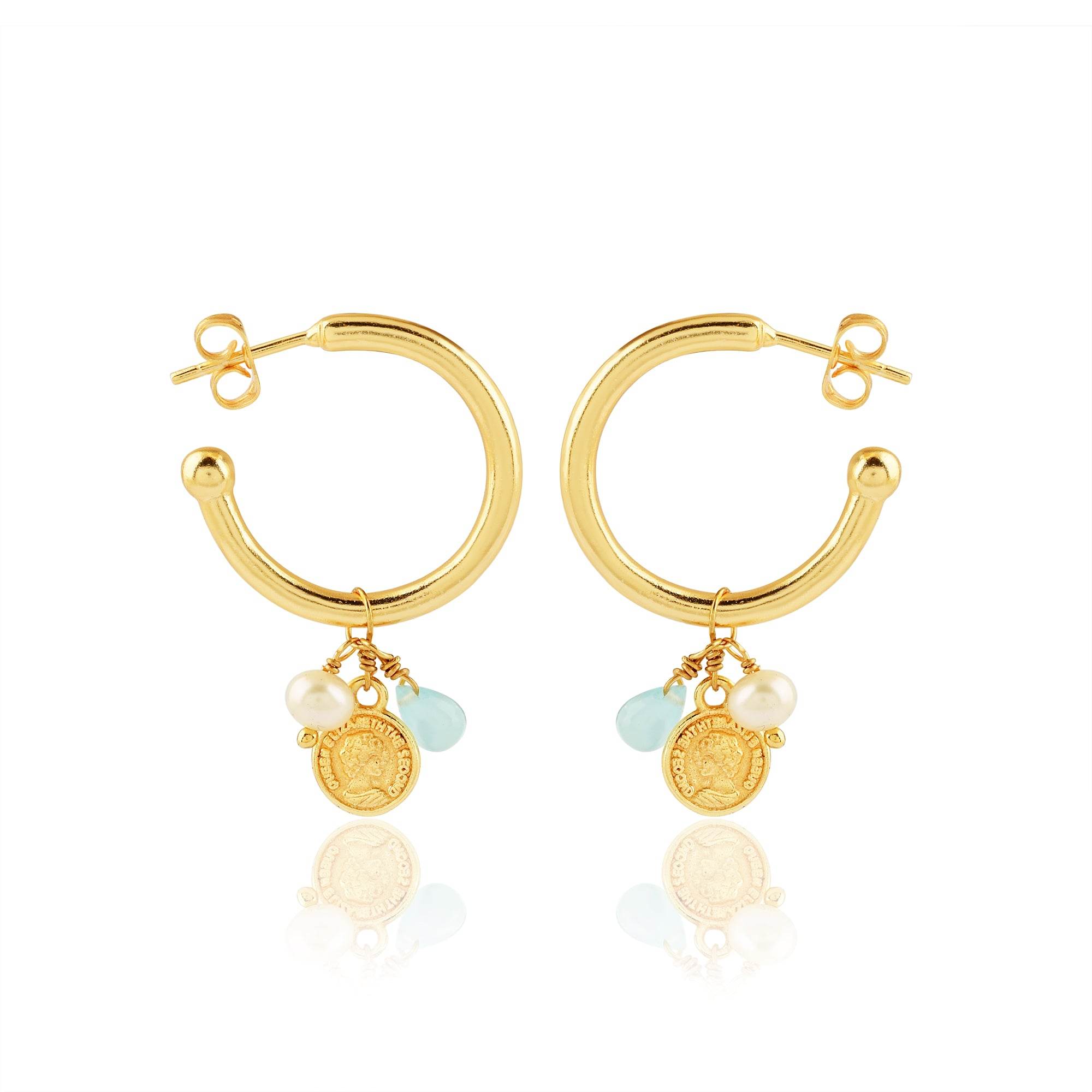 Aqua Chalcy, Pearl with Round Disc Hoop Earrings - La Vitá Jewels