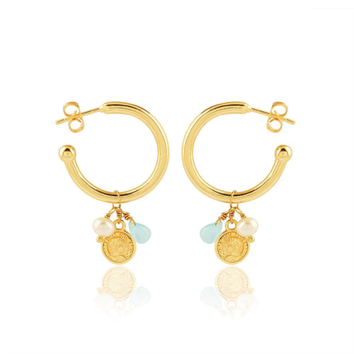 Aqua Chalcy, Pearl with Round Disc Hoop Earrings - La Vitá Jewels