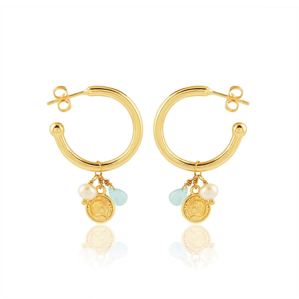 Aqua Chalcy, Pearl with Round Disc Hoop Earrings - La Vitá Jewels