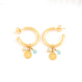 Aqua Chalcy, Pearl with Round Disc Hoop Earrings