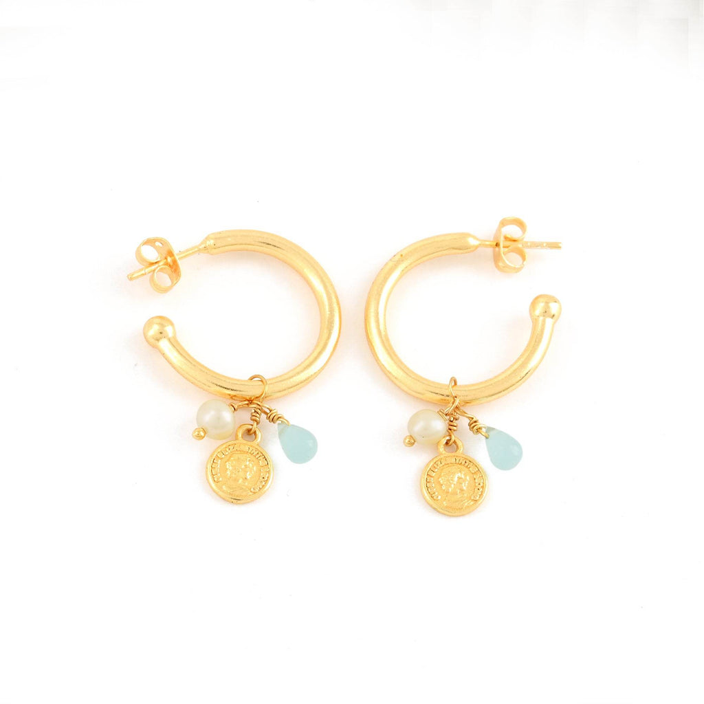 Aqua Chalcy, Pearl with Round Disc Hoop Earrings - La Vitá Jewels