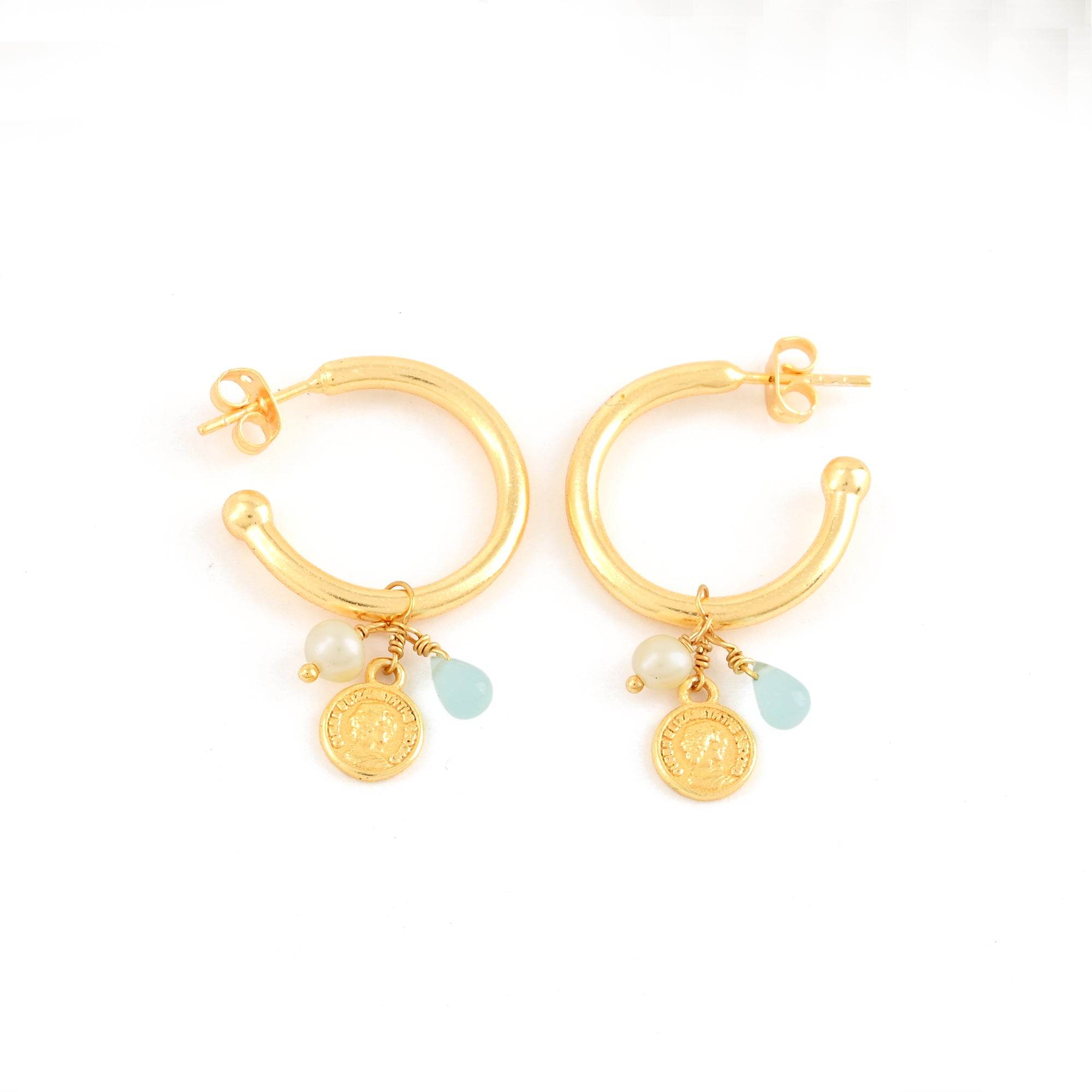 Aqua Chalcy, Pearl with Round Disc Hoop Earrings - La Vitá Jewels