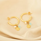Aqua Chalcy, Pearl with Round Disc Hoop Earrings - La Vitá Jewels