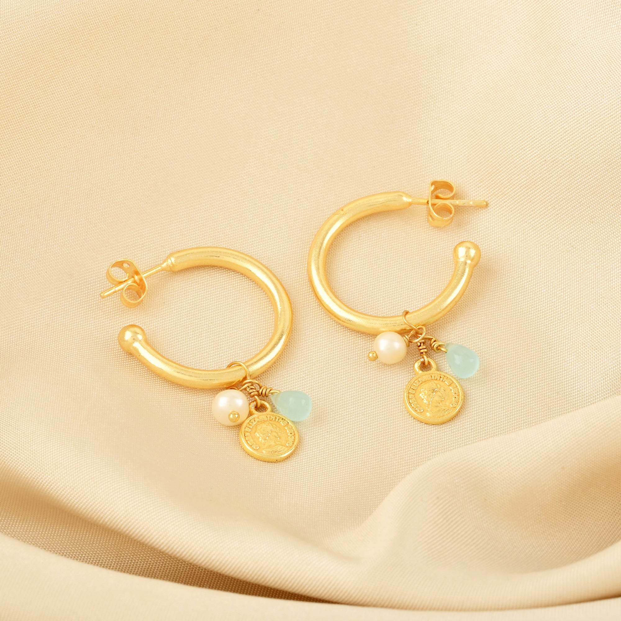 Aqua Chalcy, Pearl with Round Disc Hoop Earrings - La Vitá Jewels