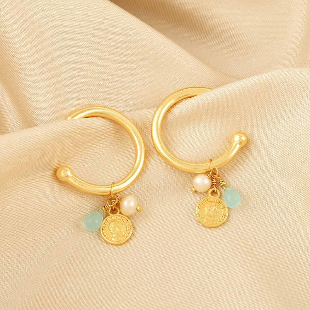 Aqua Chalcy, Pearl with Round Disc Hoop Earrings - La Vitá Jewels