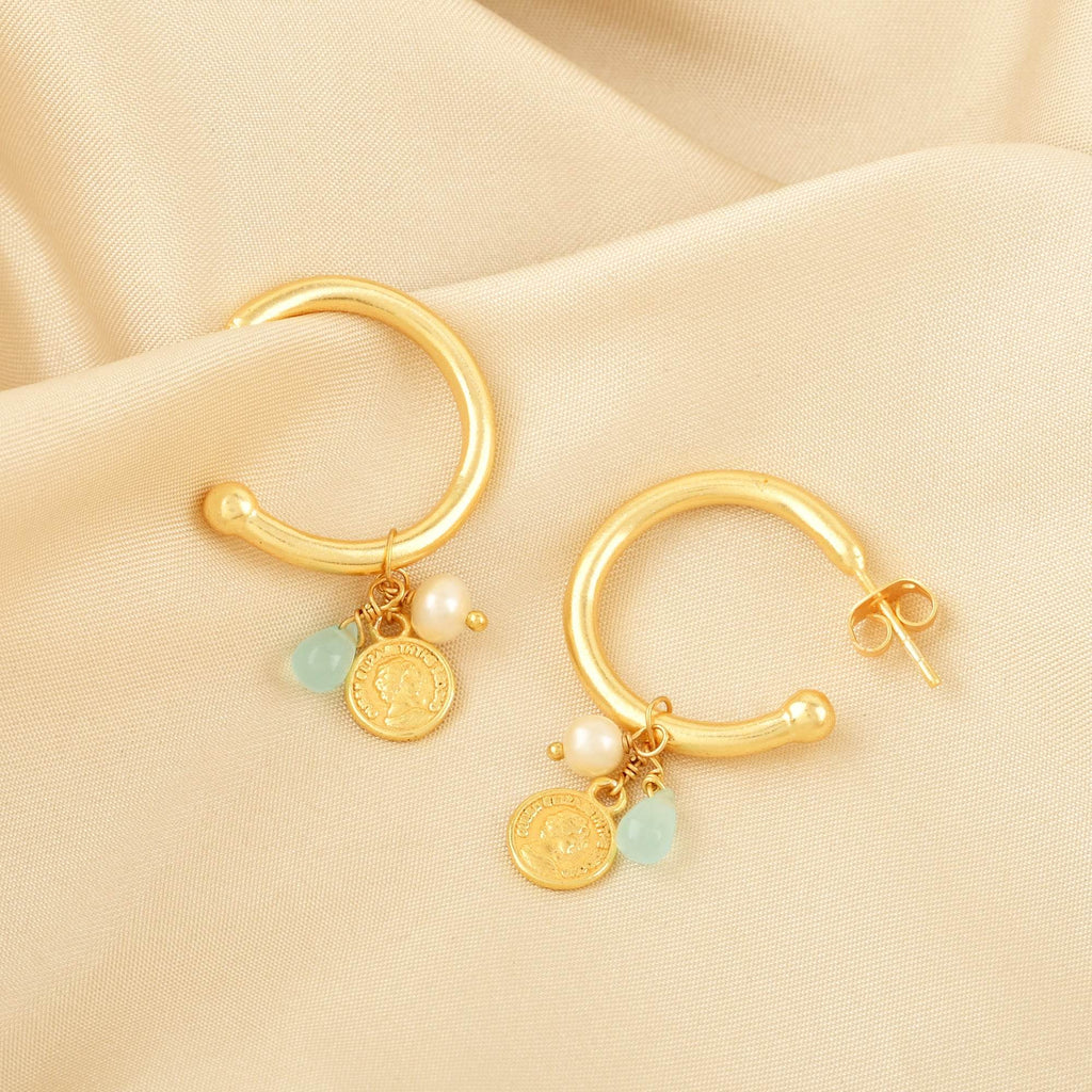 Aqua Chalcy, Pearl with Round Disc Hoop Earrings - La Vitá Jewels