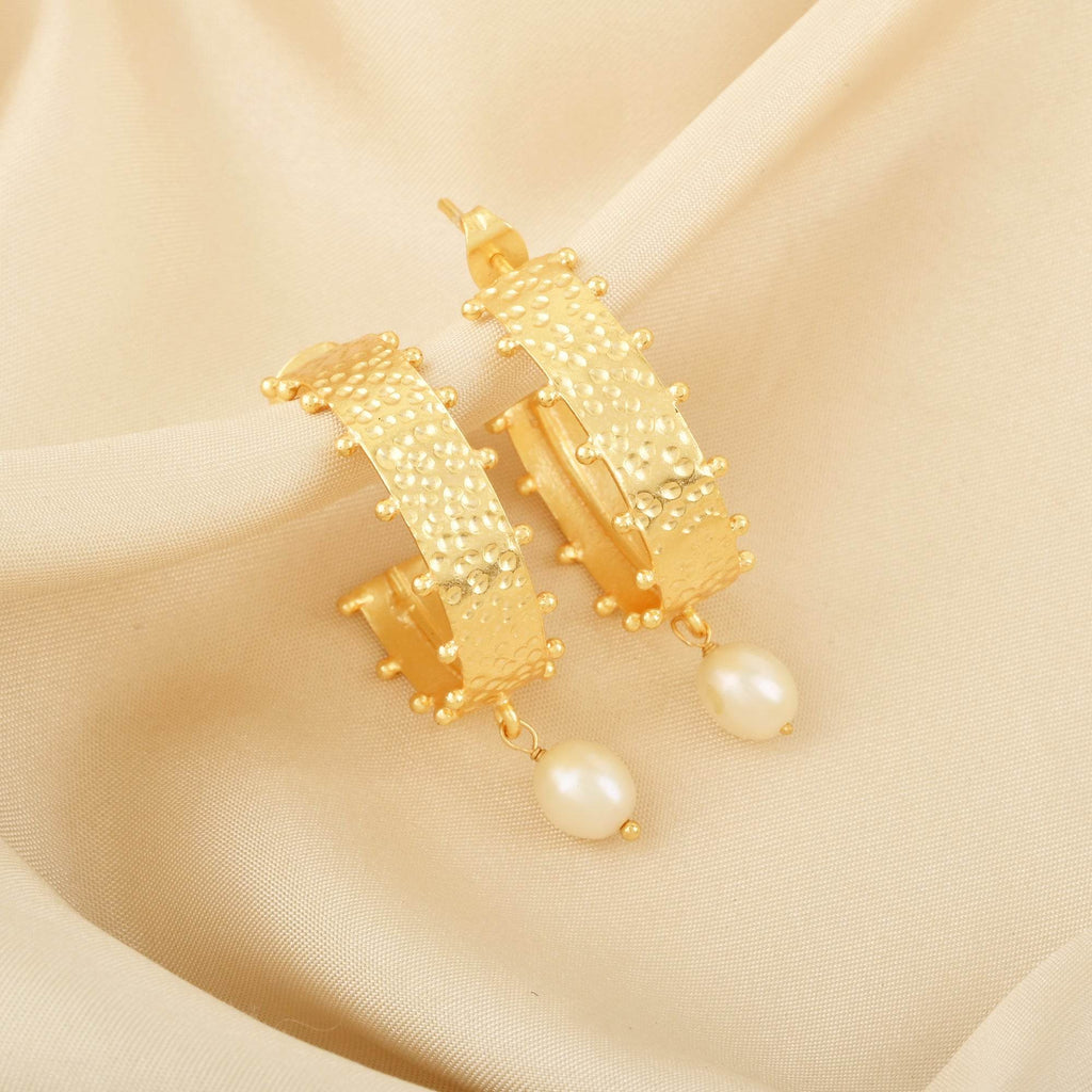 Hand Textured with Pearl Hoop Earrings - La Vitá Jewels