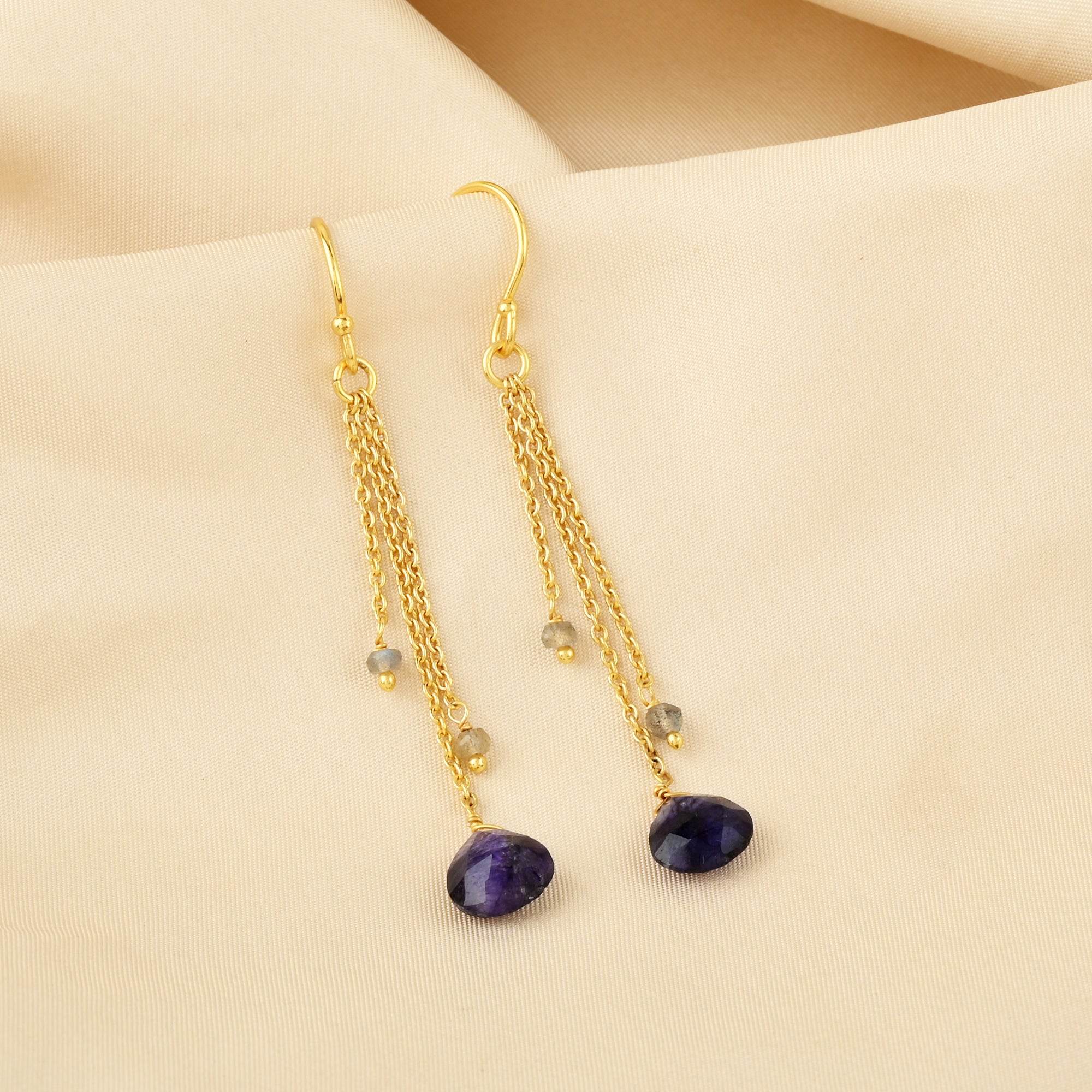 Blue sapphire and Labradorite stone Drop Earring - La Vitá Jewels