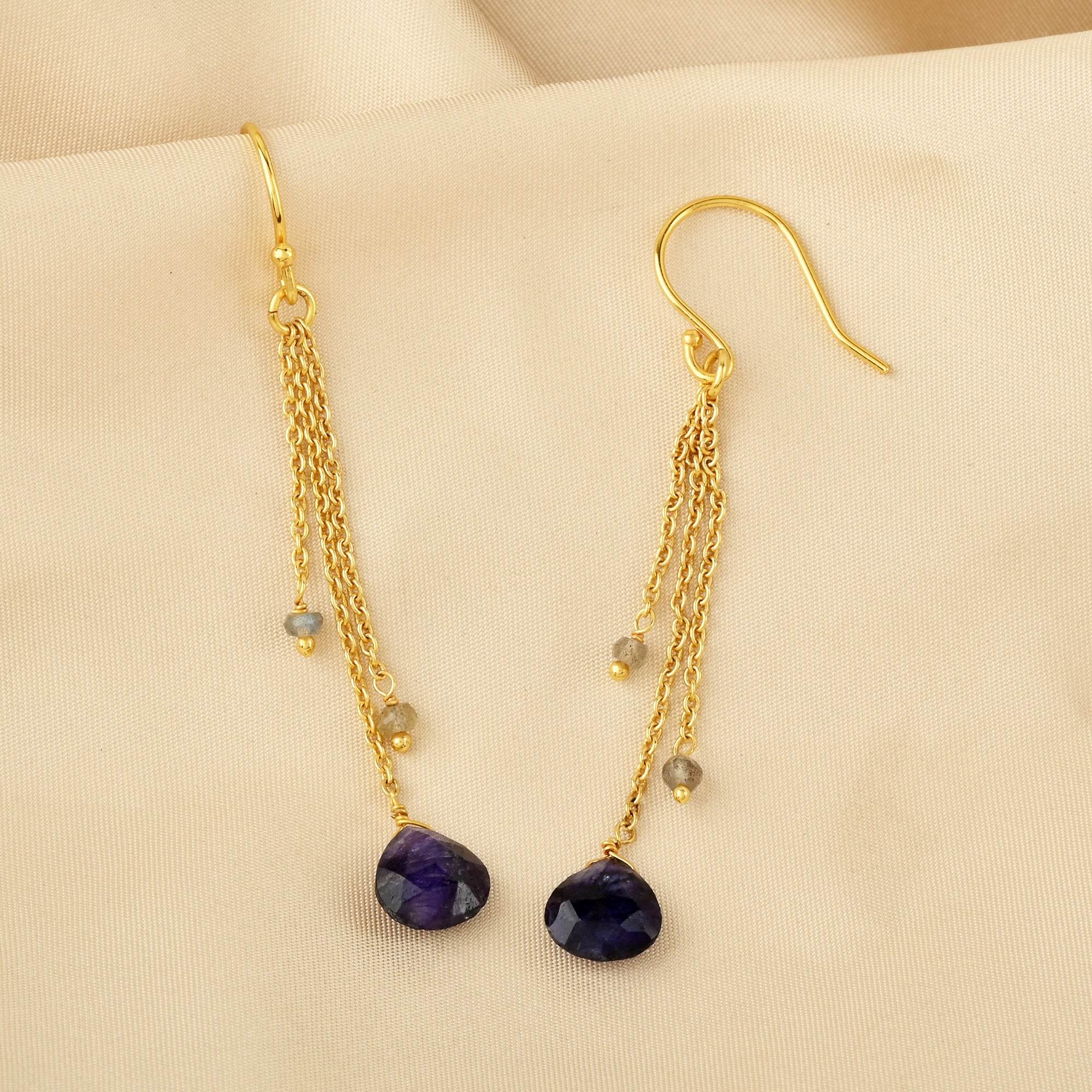 Blue sapphire and Labradorite stone Drop Earring - La Vitá Jewels