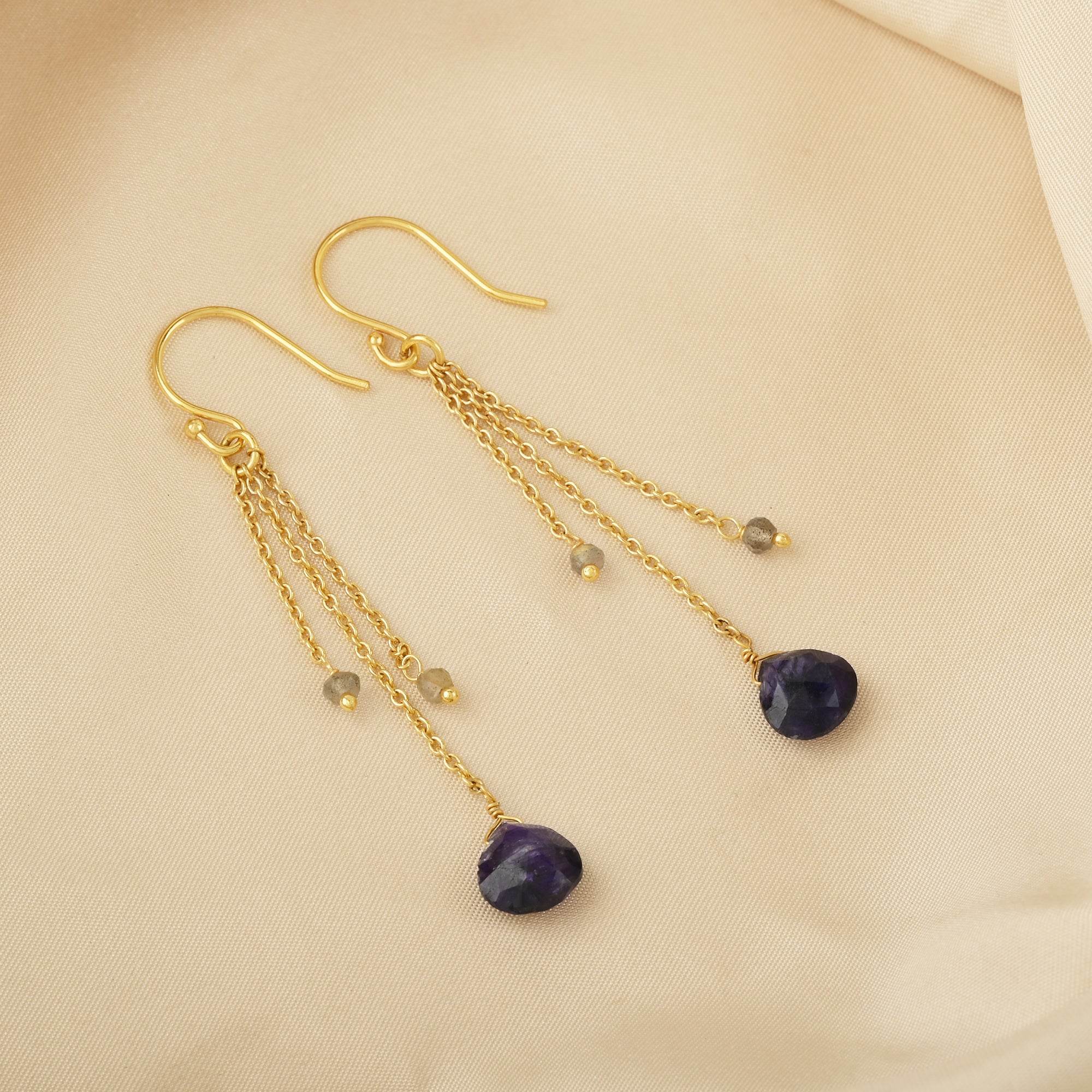 Blue sapphire and Labradorite stone Drop Earring - La Vitá Jewels