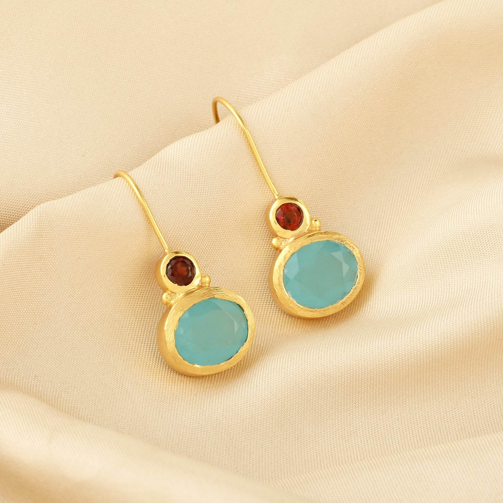 Aqua Chalcedony and Garnet Gemstone Earring - La Vitá Jewels