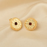 Round Disc Hammered with Garnet Stud Earrings