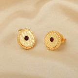 Round Disc Hammered with Garnet Stud Earrings