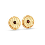 Round Disc Hammered with Garnet Stud Earrings