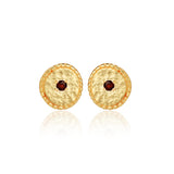 Round Disc Hammered with Garnet Stud Earrings