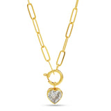 Paper Clip Link Chain with White Cubic Zirconia Heart Necklaces