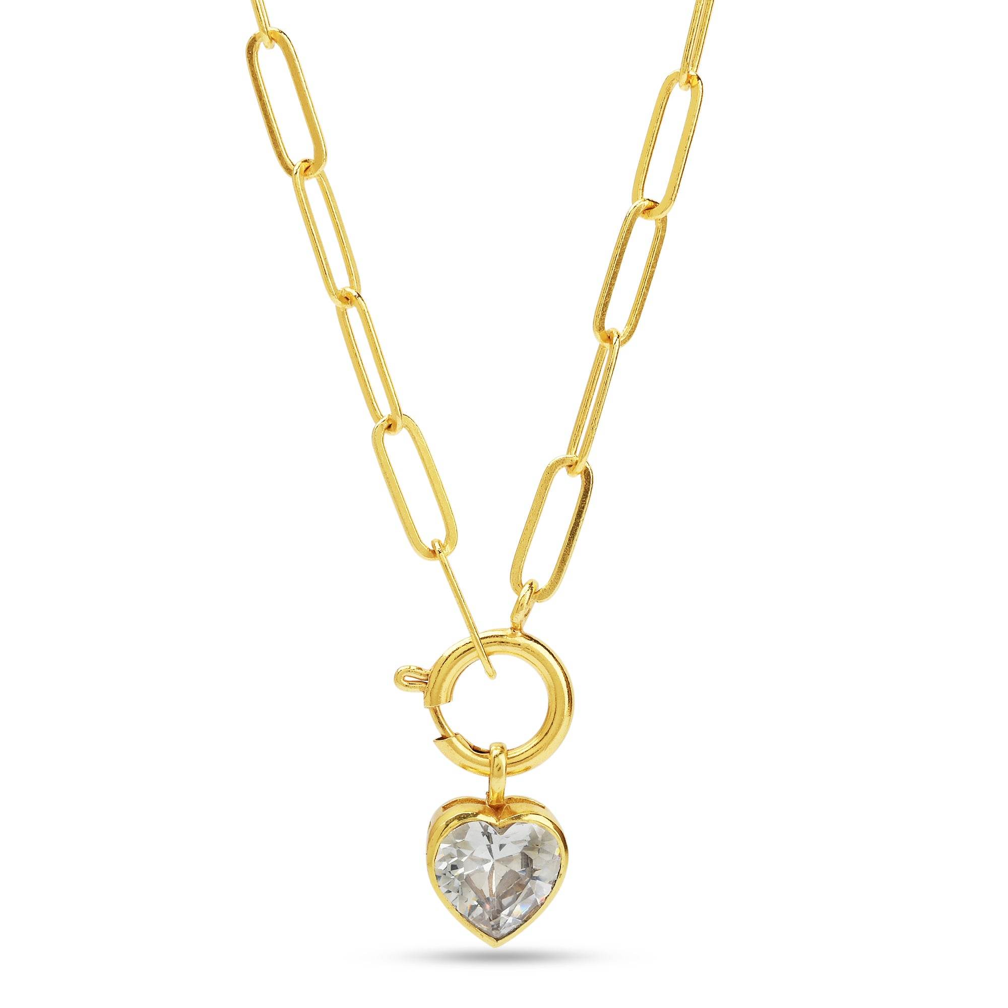 Paper Clip Link Chain with White Cubic Zirconia Heart Necklaces - La Vitá Jewels