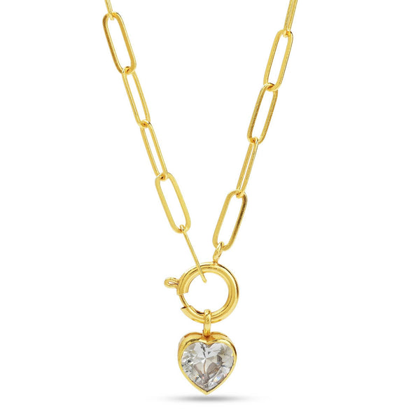 Paper Clip Link Chain with White Cubic Zirconia Heart Necklaces - La Vitá Jewels