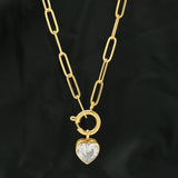 Paper Clip Link Chain with White Cubic Zirconia Heart Necklaces